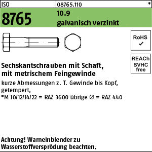 ISO 8765 10.9 x 45 galvanisch verzinkt A2F, getempert - Sechskantschrauben