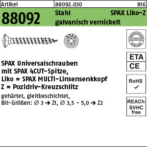 SPAX Stahl Pozidriv/Kreuzschlitz Wellenschliff, galvanisch vernickelt, Linsenkopf galvanisch vernickelt (Senkkopf-Pozidriv)