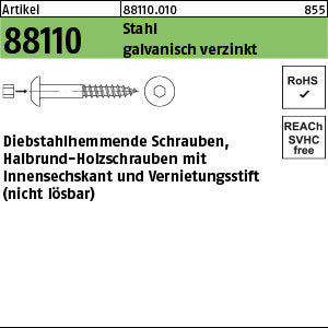 Sicherheits-Holzschrauben Stahl galvanisch verzinkt, Rundkopf - Diebstahlhem.Schrauben