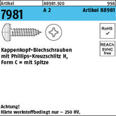 Kappenschr. ähnlich7981 A2 Phillips/Kreuzschlitz - Kappenkopf-Blechschrauben