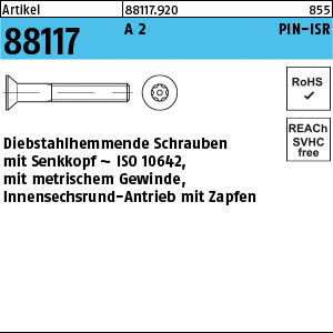 Sicherheits Schrauben (D7991) A2 mit PIN-Innensechsrund T10 - Diebstahlhem.Schrauben