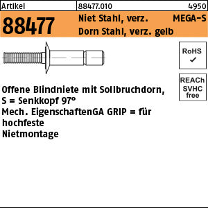 MEGA GRIP Blindniete Stahl verzinkt Senkkopf - Offene Blindniete