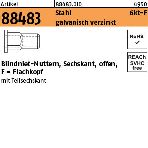 Blindniet-Mutter. Stahl galvanisch verzinkt mit 6-kt Flako / 0, 5 -2, 0 - Sechskant.-Blindnietmuttern
