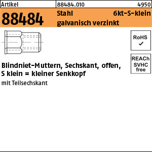 Blindniet-Mutter. Stahl galvanisch verzinkt mit 6-kt kl.Senkkopf / 0, 5 - 2, 0 - Sechskant.-Blindnietmuttern