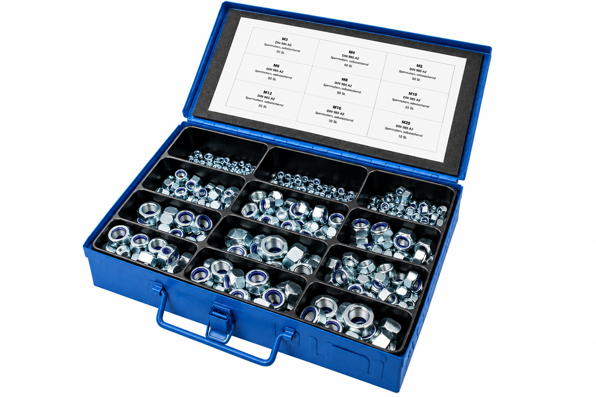 DIN 985 Sicherungsmuttern-Sortiment M4–M16 – 54-teilig, galvanisch verzinkt, im Metallkoffer