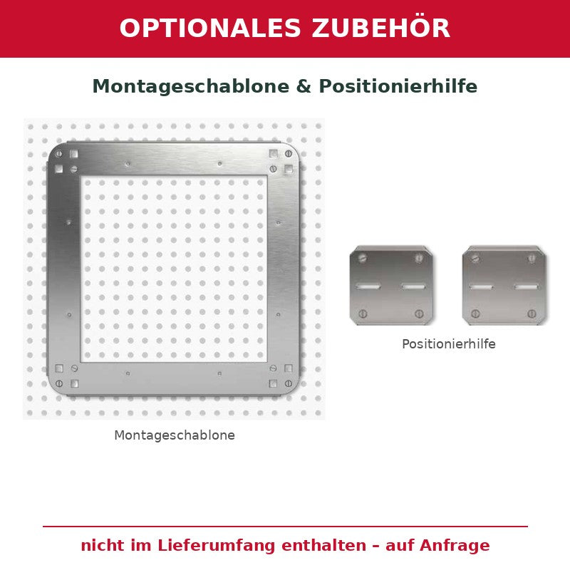 Optionales Zubehör, nicht im Lieferumfang: Montageschablone und Positionierhilfe für AluAkustik – auf Anfrage
