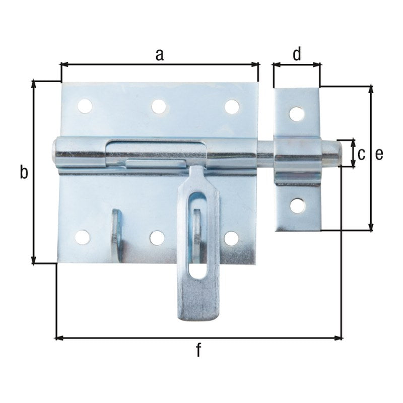 Bolzen-Schlossriegel Gesamtlänge 100 mm blau verzinkt – Platte 70 x 67 mm, flacher Griff