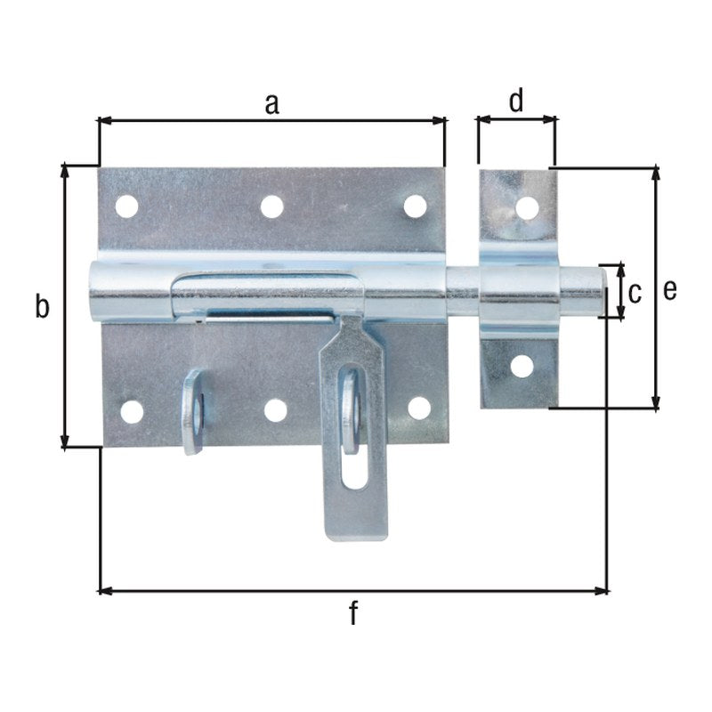 Bolzen-Schlossriegel Gesamtlänge 116 mm blau verzinkt – Platte 80 x 64 mm, flacher Griff
