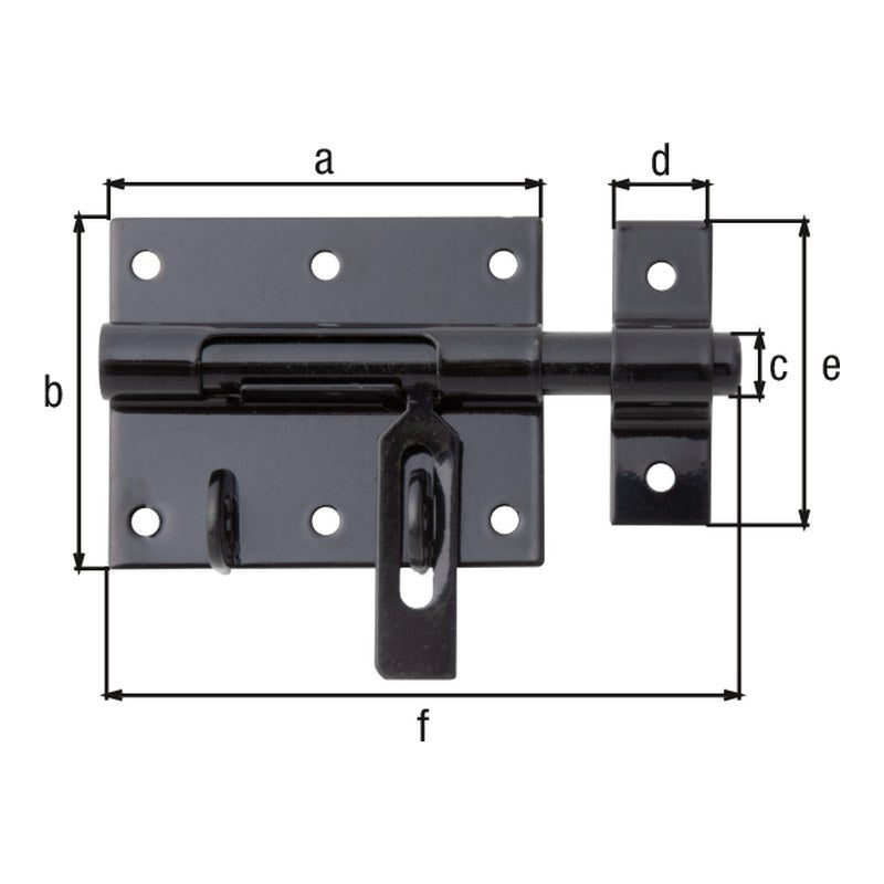 Bolzen-Schlossriegel Gesamtlänge 116 mm schwarz kunststoffbeschichtet – Platte 80 x 64 mm