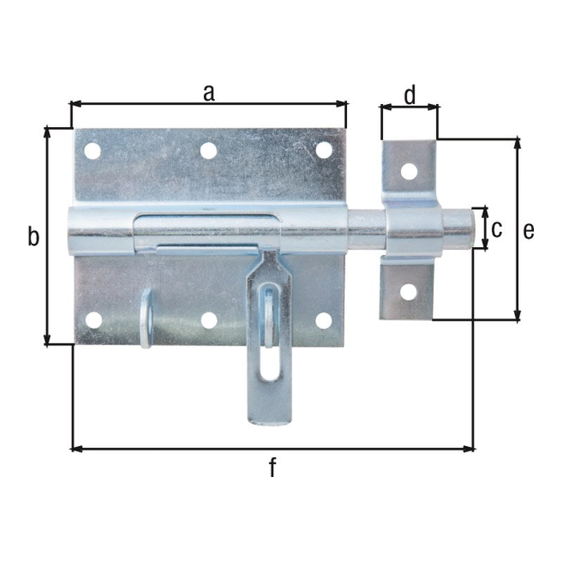Bolzen-Schlossriegel Gesamtlänge 130 mm blau verzinkt – Platte 90 x 73 mm, flacher Griff