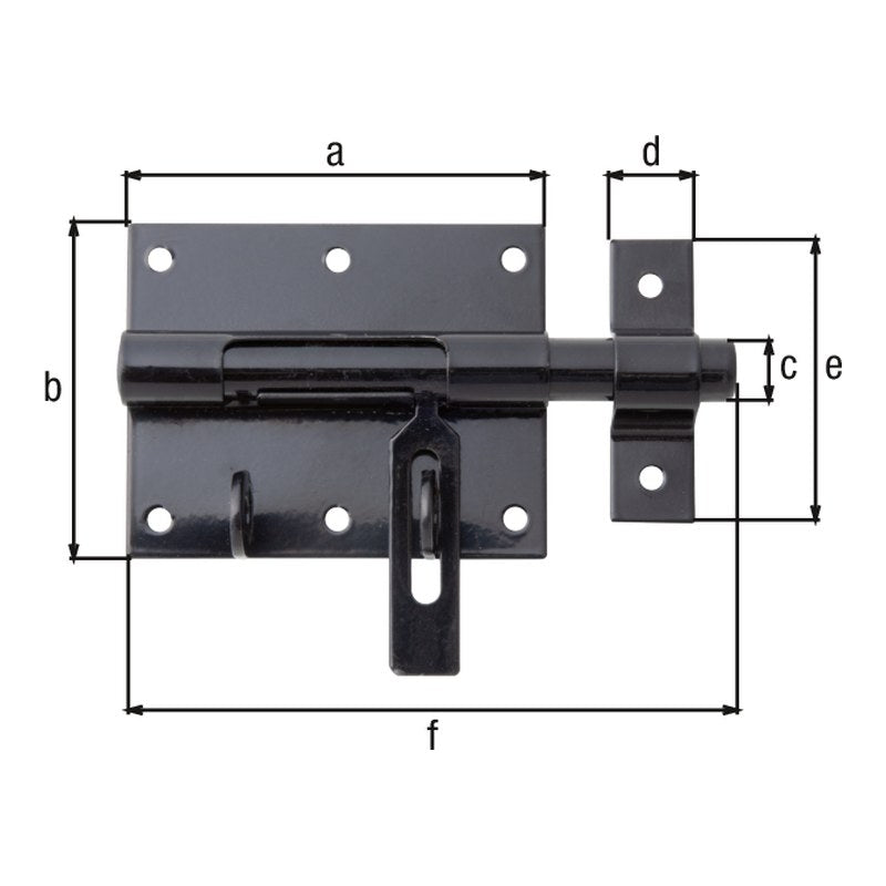 Bolzen-Schlossriegel Gesamtlänge 130 mm schwarz kunststoffbeschichtet – Platte 90 x 73 mm