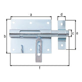 Bolzen-Schlossriegel Gesamtlänge 135 mm blau verzinkt – Platte 95 x 79 mm, flacher Griff