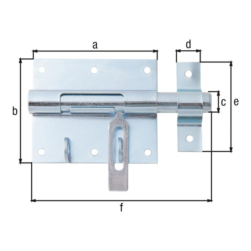 Bolzen-Schlossriegel Gesamtlänge 135 mm blau verzinkt – Platte 95 x 79 mm, flacher Griff