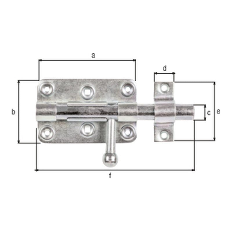 Bolzen-Schlossriegel Gesamtlänge 140 mm verzinkt – Platte 99 x 68 mm, runder Griff, Bolzen Ø 15 mm