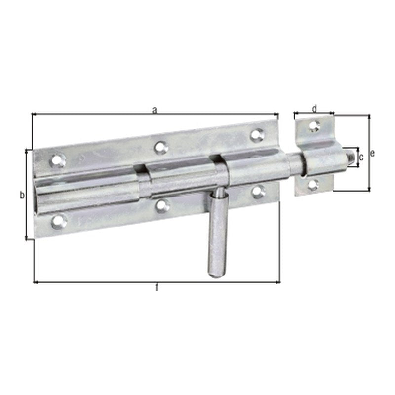 Bolzenriegel Gesamtlänge 210 mm verzinkt – Platte 160 x 60 mm, runder Griff, Bolzen Ø 16 mm