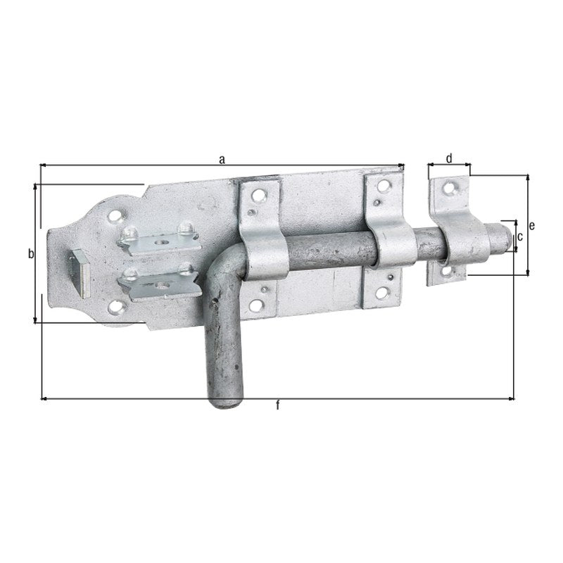Bolzenriegel Gesamtlänge 210 mm feuerverzinkt – Platte 160 x 70 mm, runder Griff, Bolzen Ø 16 mm