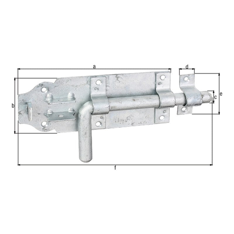 Bolzenriegel Gesamtlänge 230 mm feuerverzinkt – Platte 180 x 70 mm, runder Griff, Bolzen Ø 16 mm
