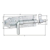 Bolzenriegel Gesamtlänge 230 mm feuerverzinkt – Platte 180 x 70 mm, runder Griff, Bolzen Ø 16 mm
