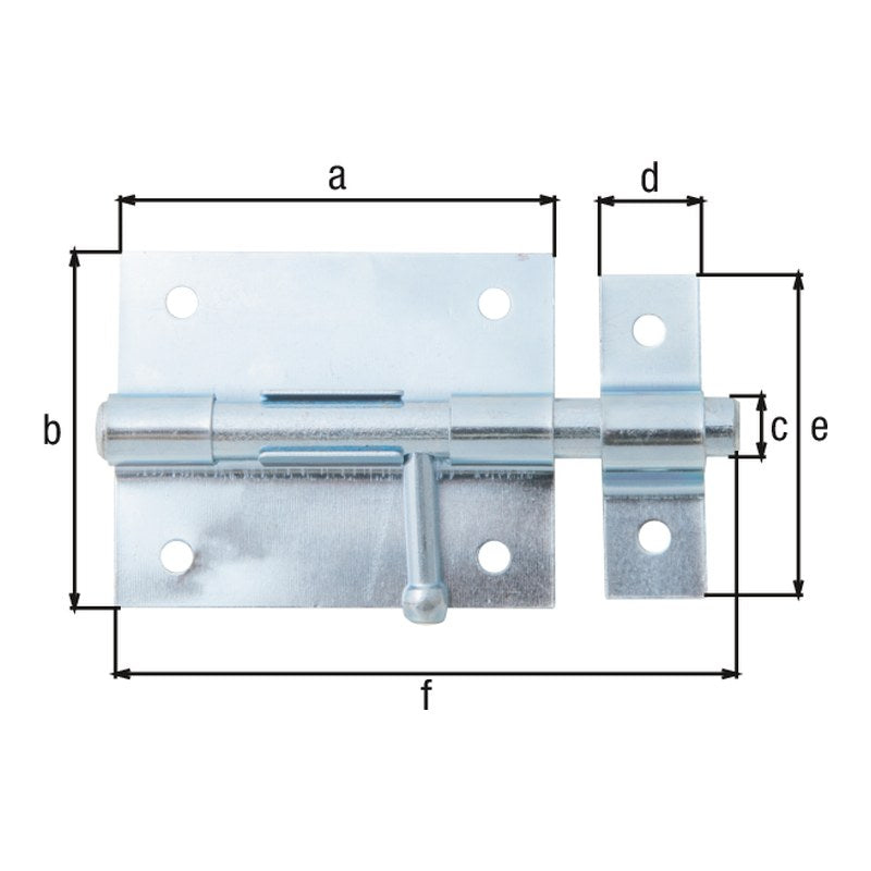 Bolzenriegel Gesamtlänge 100 mm blau verzinkt – Platte 70 x 57 mm, runder Griff, Bolzen Ø 9,5 mm