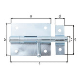 Bolzenriegel Gesamtlänge 100 mm blau verzinkt – Platte 70 x 57 mm, runder Griff, Bolzen Ø 9,5 mm