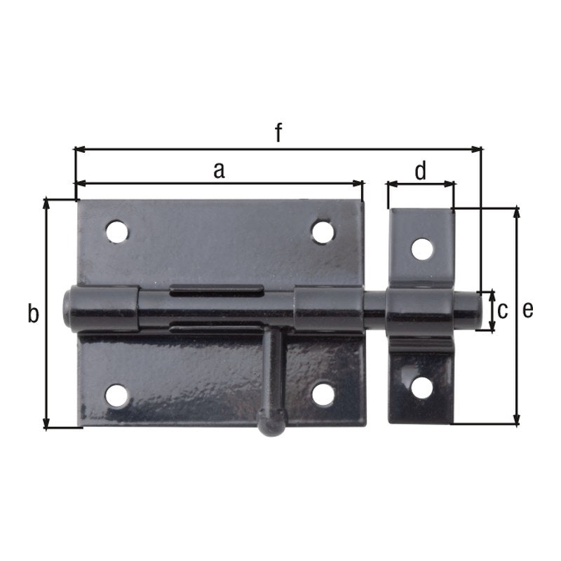 Bolzenriegel Gesamtlänge 100 mm schwarz kunststoffbeschichtet – Platte 70 x 57 mm, runder Griff