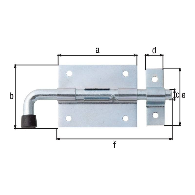 Bolzenriegel Gesamtlänge 130 mm blau verzinkt – Platte 70 x 57 mm, runder Griff, Bolzen Ø 9,5 mm
