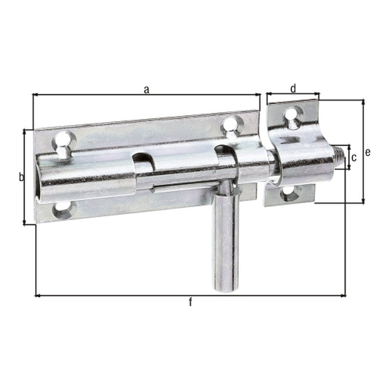 Bolzenriegel Gesamtlänge 110 mm gelb verzinkt – Platte 80 x 36 mm, runder Griff, Bolzen Ø 10 mm