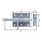 Bolzenriegel Gesamtlänge 116 mm blau verzinkt – Platte 80 x 63 mm, runder Griff, Bolzen Ø 11,5 mm
