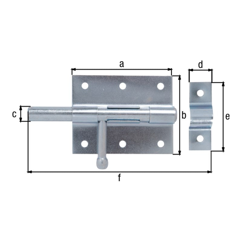 Bolzenriegel Gesamtlänge 116 mm blau verzinkt – Platte 80 x 63 mm, runder Griff, Bolzen Ø 11,5 mm