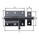 Bolzenriegel Gesamtlänge 116 mm schwarz kunststoffbeschichtet – Platte 80 x 63 mm, runder Griff