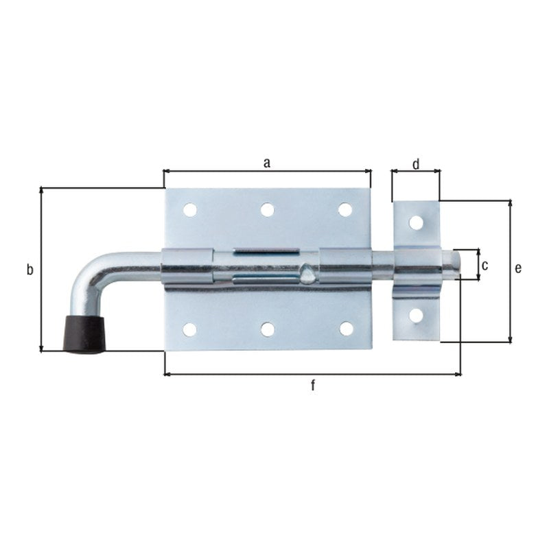 Bolzenriegel Gesamtlänge 143 mm blau verzinkt – Platte 80 x 66 mm, runder Griff, Bolzen Ø 11,5 mm