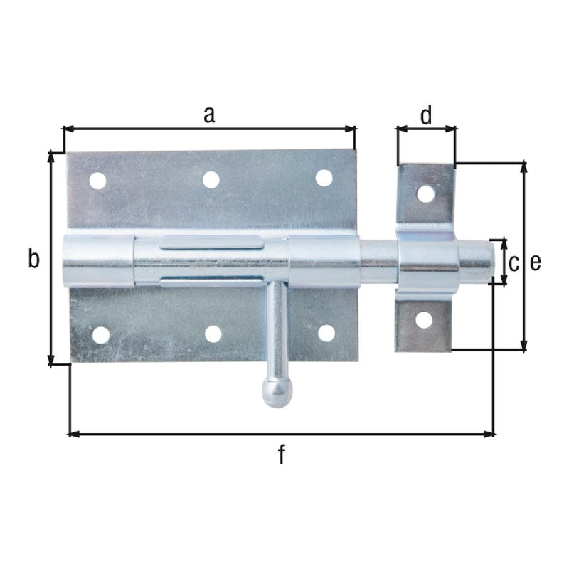 Bolzenriegel Gesamtlänge 130 mm blau verzinkt – Platte 90 x 67 mm, runder Griff, Bolzen Ø 13,5 mm