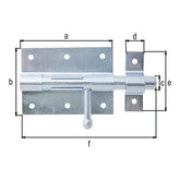 Bolzenriegel Gesamtlänge 130 mm blau verzinkt – Platte 90 x 67 mm, runder Griff, Bolzen Ø 13,5 mm