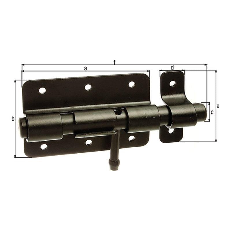 Bolzenriegel Gesamtlänge 130 mm schwarz kunststoffbeschichtet – Platte 90 x 67 mm, runder Griff