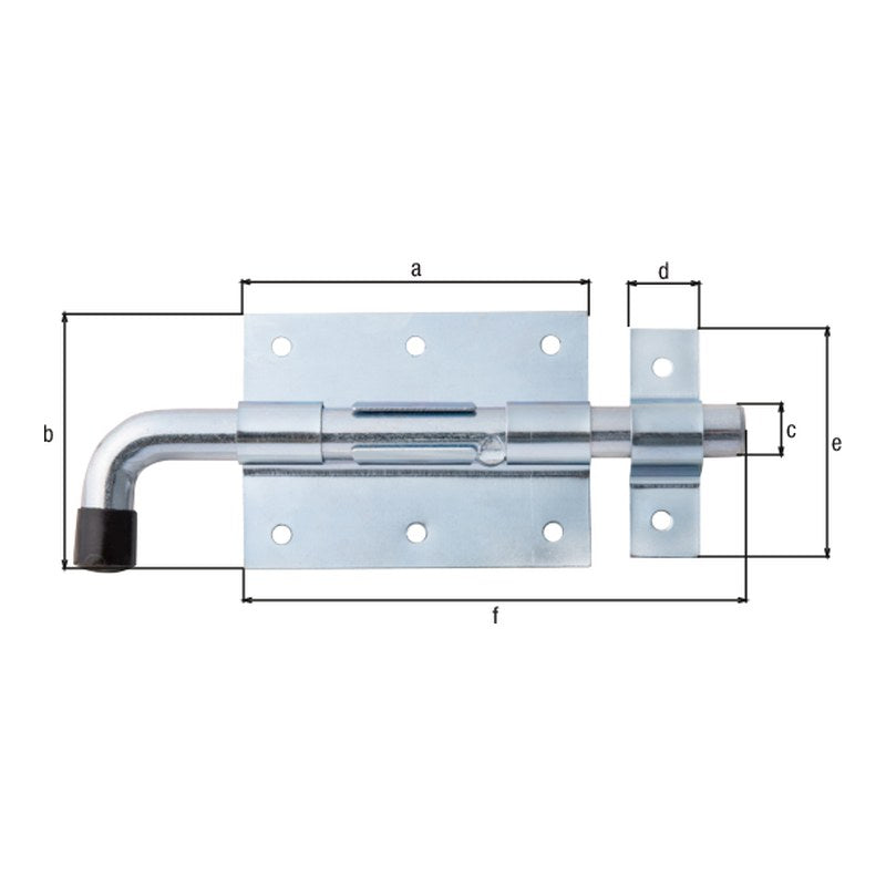 Bolzenriegel Gesamtlänge 165 mm blau verzinkt – Platte 90 x 67 mm, runder Griff, Bolzen Ø 13,5 mm