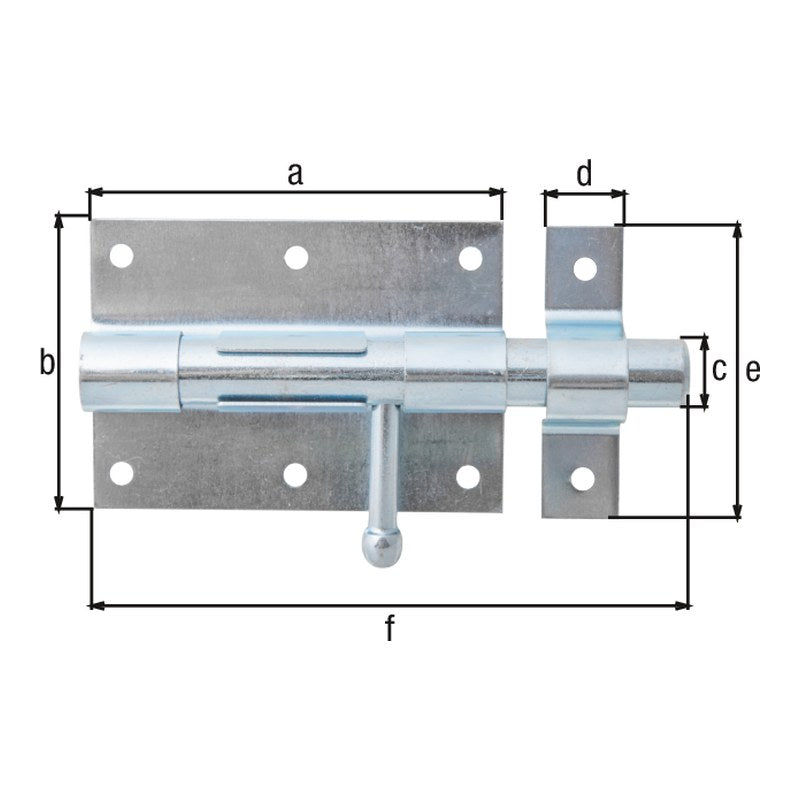 Bolzenriegel Gesamtlänge 135 mm blau verzinkt – Platte 95 x 67 mm, runder Griff, Bolzen Ø 15,5 mm