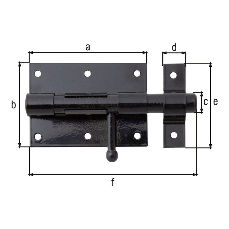 Bolzenriegel Gesamtlänge 135 mm schwarz kunststoffbeschichtet – Platte 95 x 67 mm, runder Griff