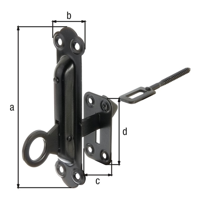Fensterladen-Feststeller mit Platte 150 x 38 mm schwarz kunststoffbeschichtet – Gewinde 6 x 21 mm
