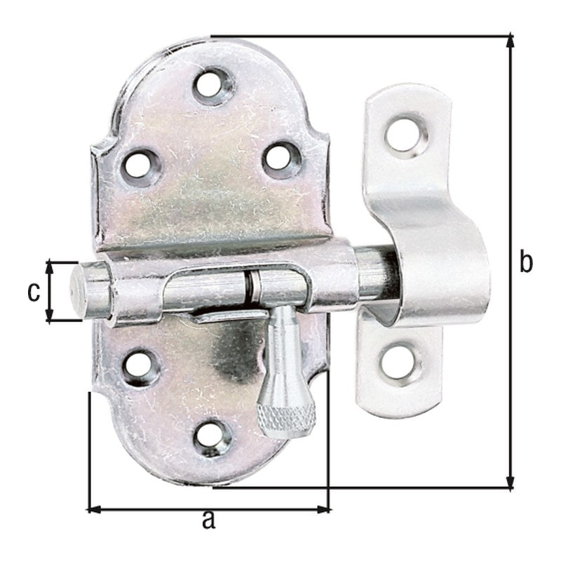 Grendelriegel 40 x 75 mm gelb verzinkt – Bolzen Ø 9 mm, mit Feder, mit Schlaufe