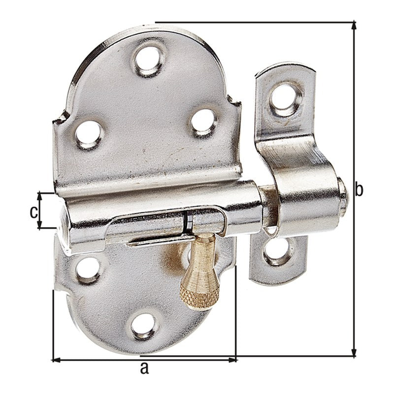 Grendelriegel 40 x 75 mm vernickelt poliert – Bolzen Ø 9 mm, mit Feder, mit Schlaufe