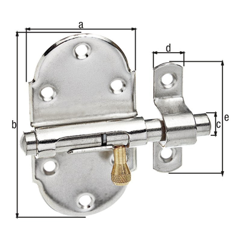 Grendelriegel 45 x 85 mm vernickelt poliert – Bolzen Ø 10 mm, mit Feder, mit Schlaufe