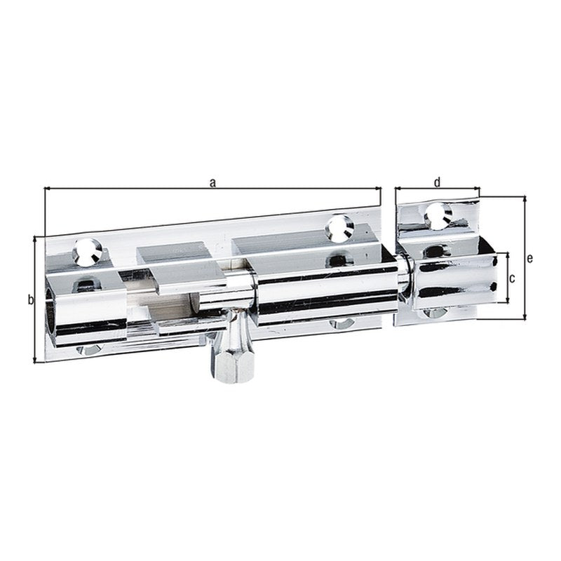 Grendelriegel 63 x 26 mm Messing vernickelt poliert – Bolzen Ø 7,3 mm, mit Schlaufe