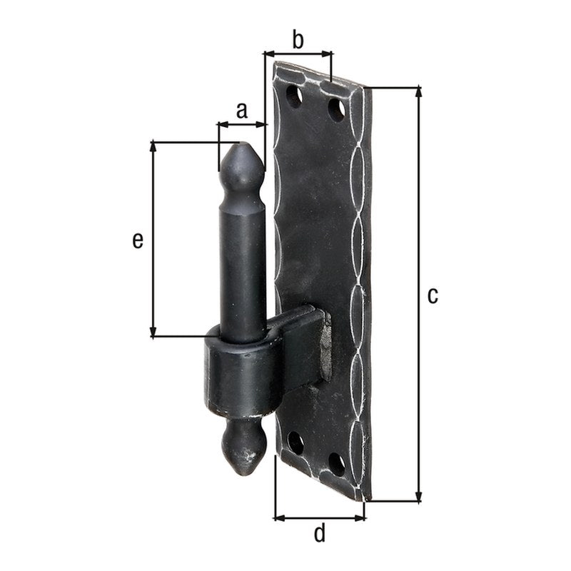 Kloben auf Platte Ø 16 mm verzinkt, schwarz – Platte 150 x 45 mm, Dornabstand 25 mm, gehämmert