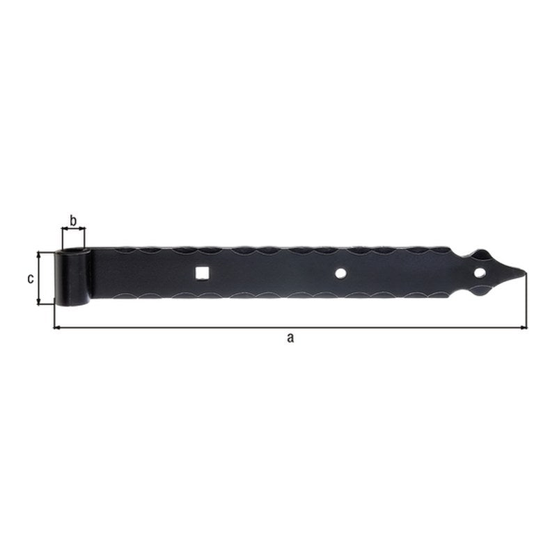 Ladenband gerade mit Zierspitze 400 mm verzinkt, schwarz – Rolle Ø 16 mm, mit Zierspitze, gehämmert