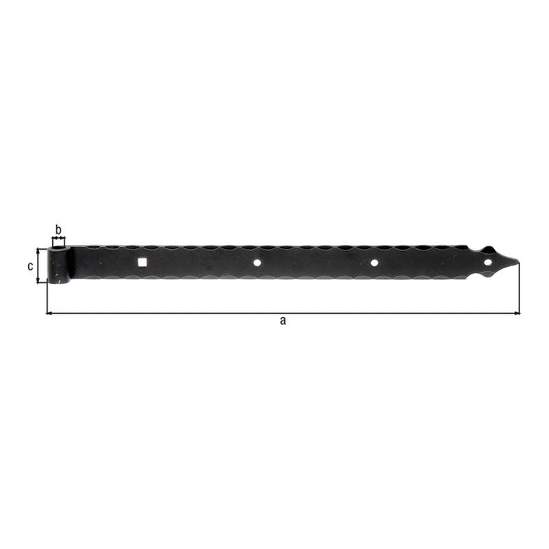 Ladenband gerade mit Zierspitze 600 mm verzinkt, schwarz – Rolle Ø 16 mm, mit Zierspitze, gehämmert