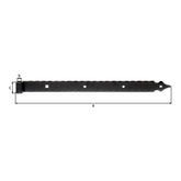 Ladenband gerade mit Zierspitze 600 mm verzinkt, schwarz – Rolle Ø 16 mm, mit Zierspitze, gehämmert