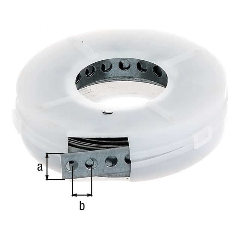 Lochband in Kassette 12 mm x 3 m sendzimirverzinkt – Lochung Ø 5 mm, Lochabstand 8 mm
