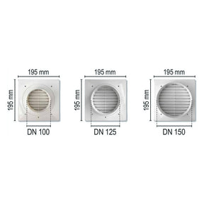 Lüftungsgitter Größen DN 100, DN 125, DN 150 – Außenmaß 195 × 195 mm