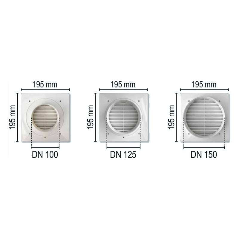 Lüftungsgitter Größen DN 100, DN 125, DN 150 – Außenmaß 195 × 195 mm
