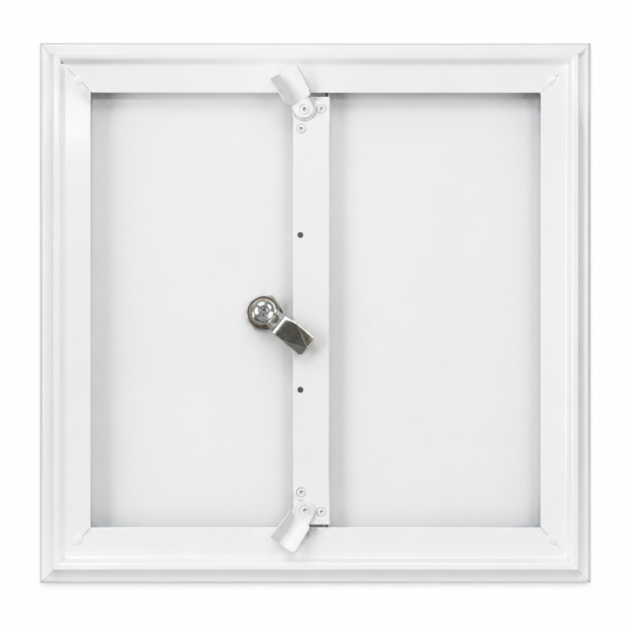 Innenansicht einer zweiflügeligen Revisionsklappe mit Vierkantverschluss, Mittelsteg und Sicherungsclips für den professionellen Einbau in Wand- und Deckensysteme.
